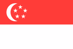 Flag of Singapore with a red upper half featuring a white crescent moon and five white stars, and a white lower half.